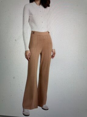 Minnie rose Wide-Leg High-Rise Knit Pants in Camel with v button waist accent